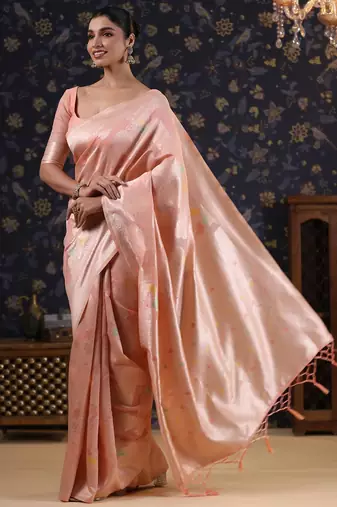 Pink woven design pure linen banarasi sarees