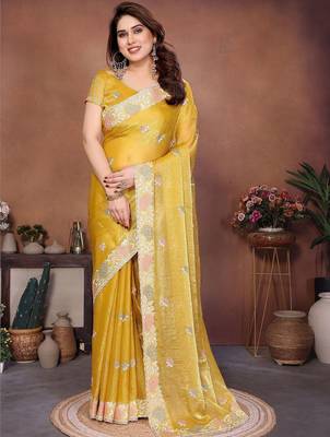 Yellow yellow frendy chiffon embroidery saree 1