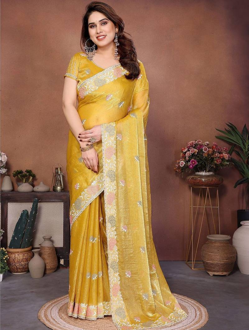Yellow yellow frendy chiffon embroidery saree