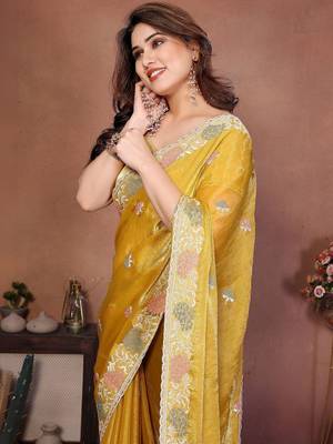 Yellow yellow frendy chiffon embroidery saree 2