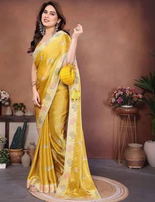 Yellow yellow frendy chiffon embroidery saree 3