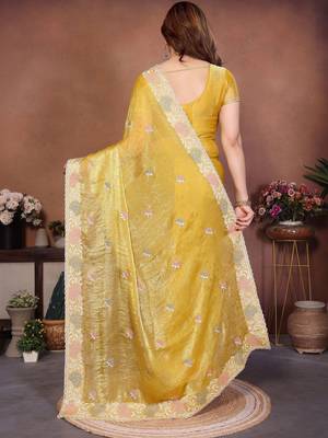 Yellow yellow frendy chiffon embroidery saree 4