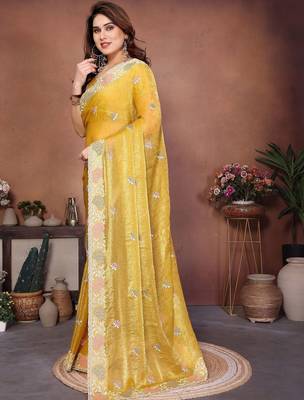 Yellow yellow frendy chiffon embroidery saree 5