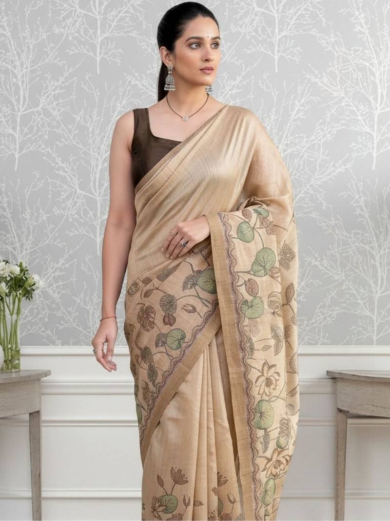 Beige art silk dark sand brown sarees