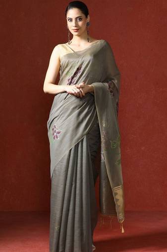 Grey woven design chanderi sarees with blouse piece