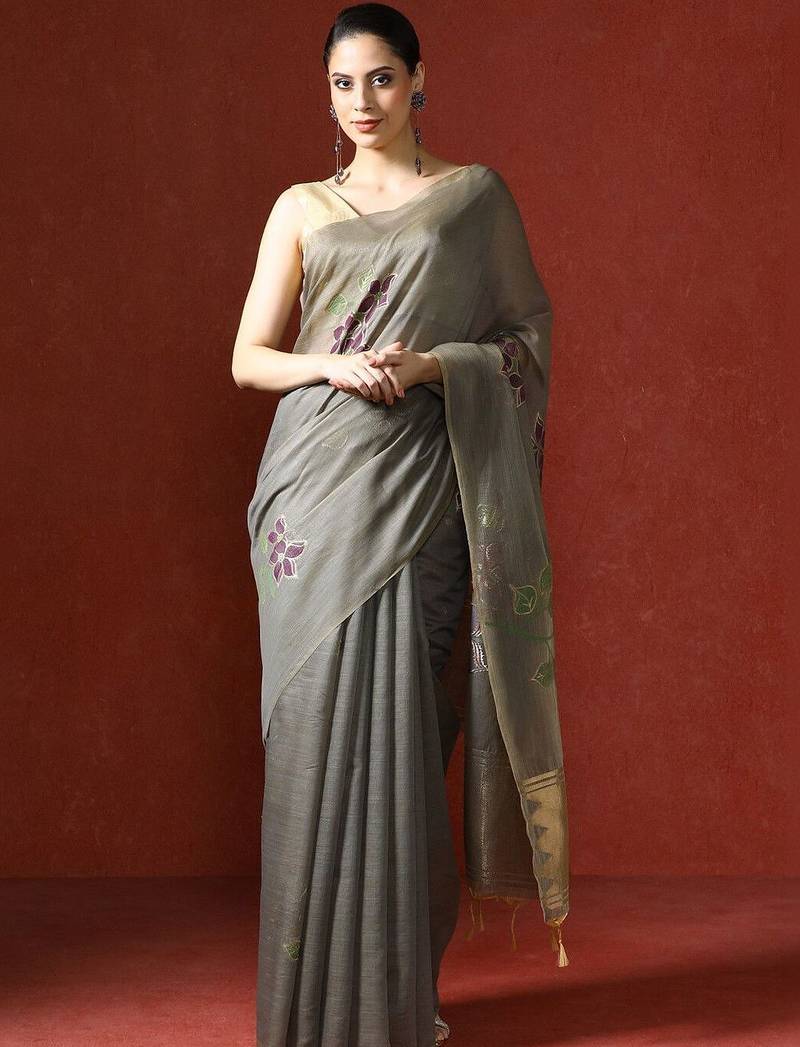 Grey woven design chanderi sarees with blouse piece