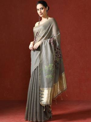 Grey woven design chanderi sarees with blouse piece 3