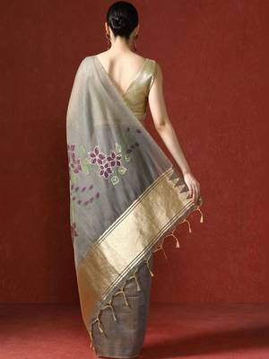Grey woven design chanderi sarees with blouse piece 4
