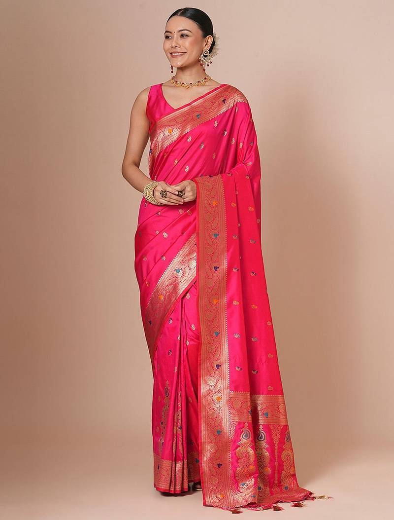 Pink woven design banarasi saree with blouse piece