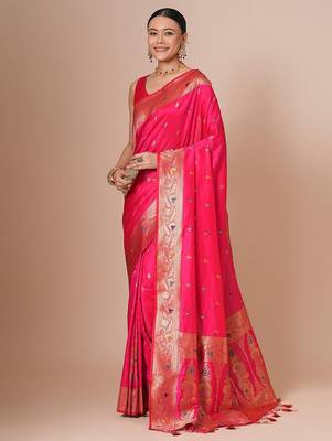 Pink woven design banarasi saree with blouse piece 2