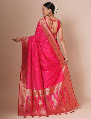 Pink woven design banarasi saree with blouse piece 3