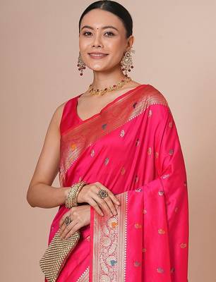 Pink woven design banarasi saree with blouse piece 4