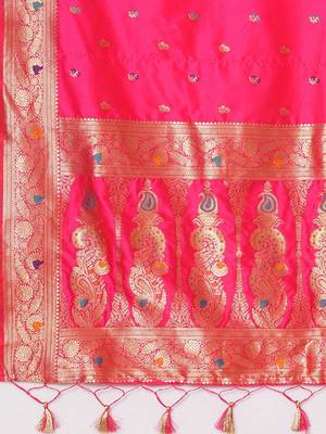 Pink woven design banarasi saree with blouse piece 5