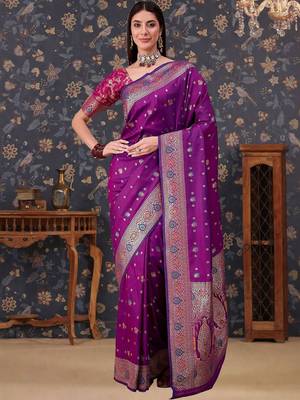 Purple woven design banarasi sarees blouse piece 1