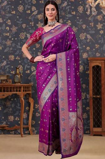 Purple woven design banarasi sarees blouse piece
