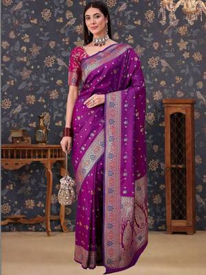 Purple woven design banarasi sarees blouse piece 4