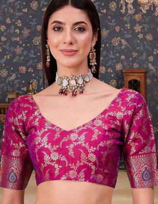 Purple woven design banarasi sarees blouse piece 5