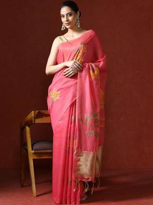 Pink woven design chanderi sarees with blouse piece 1