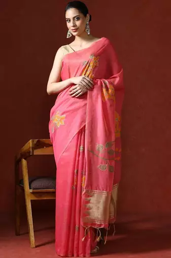Pink woven design chanderi sarees with blouse piece