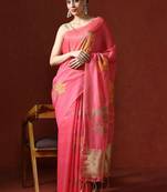 Pink woven design chanderi sarees with blouse piece