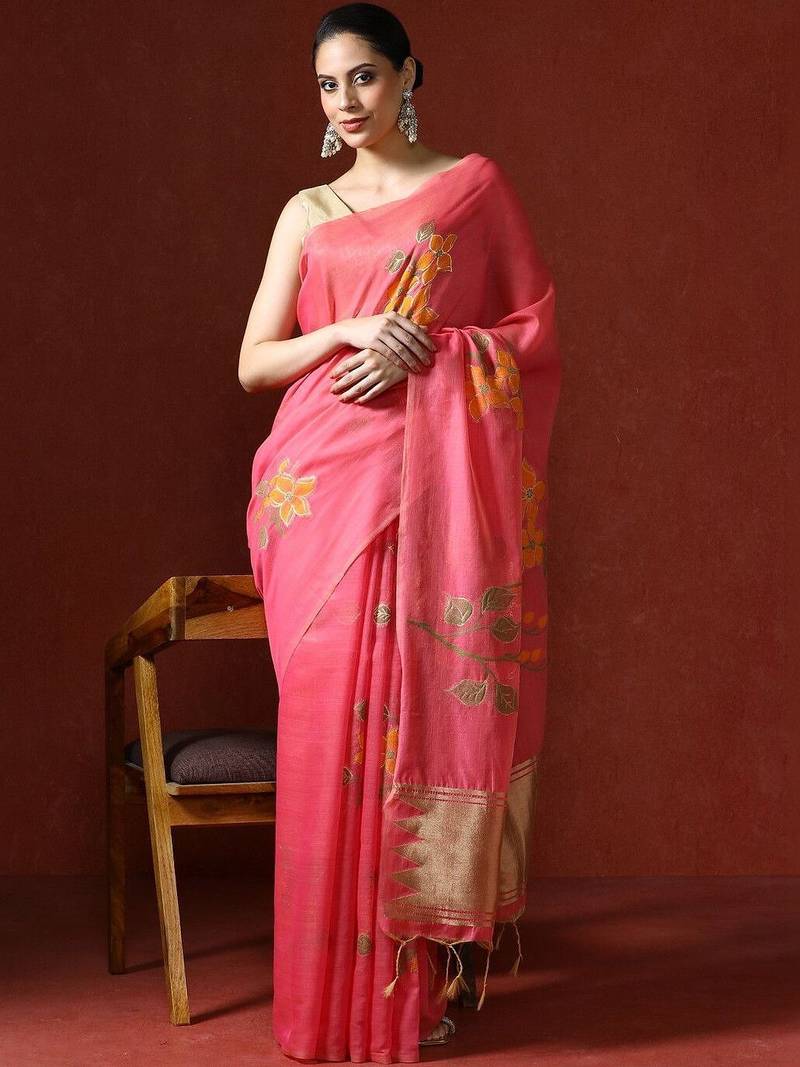 Pink woven design chanderi sarees with blouse piece