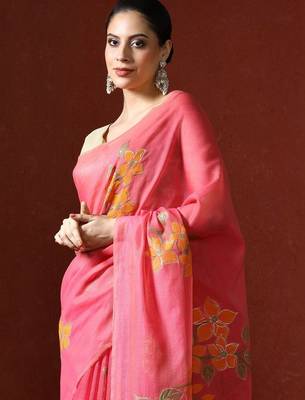 Pink woven design chanderi sarees with blouse piece 2