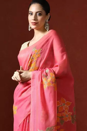 Pink woven design chanderi sarees with blouse piece