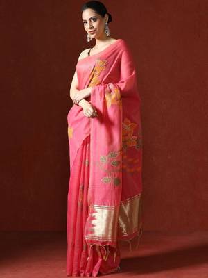 Pink woven design chanderi sarees with blouse piece 3