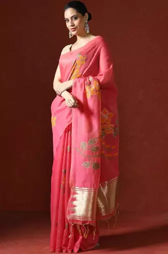 Pink woven design chanderi sarees with blouse piece
