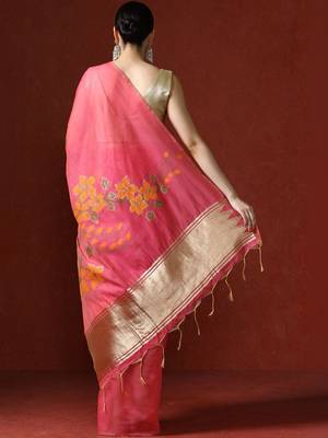 Pink woven design chanderi sarees with blouse piece 4