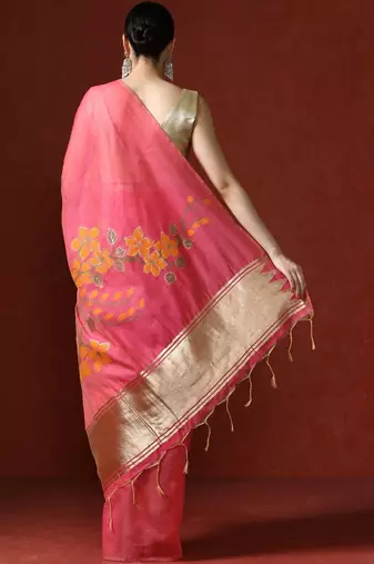 Pink woven design chanderi sarees with blouse piece