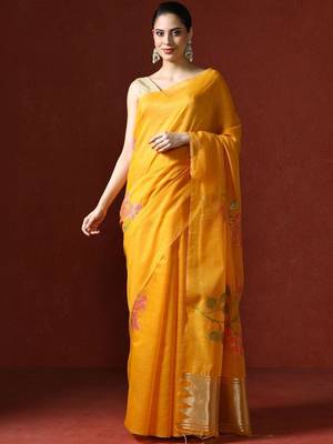 Yellow woven design chanderi sarees with blouse piece 1
