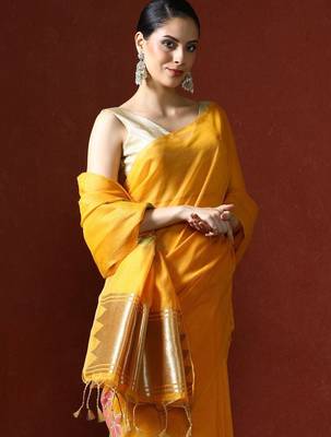 Yellow woven design chanderi sarees with blouse piece 2