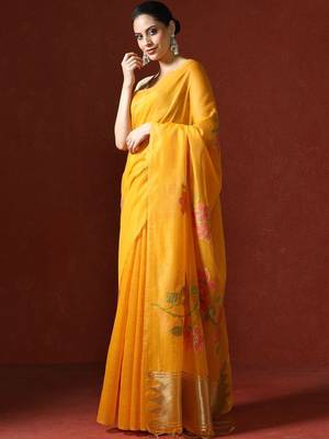 Yellow woven design chanderi sarees with blouse piece 3