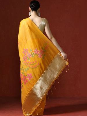 Yellow woven design chanderi sarees with blouse piece 4