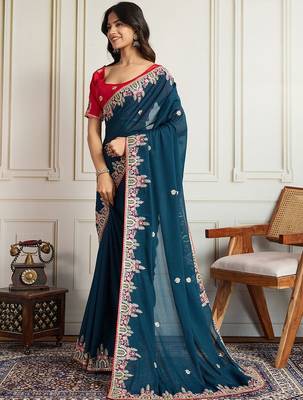 Teal floral embroidered saree with unstitched blouse 2