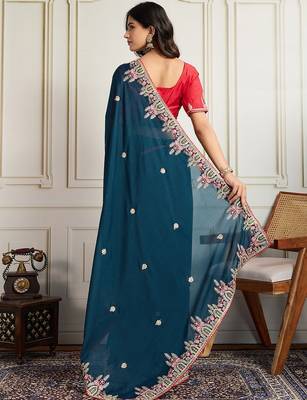 Teal floral embroidered saree with unstitched blouse 3