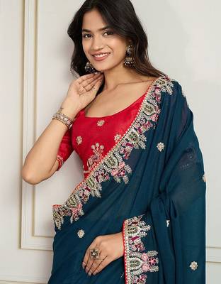Teal floral embroidered saree with unstitched blouse 5