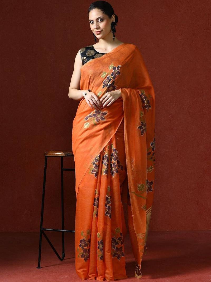 Orange woven design chanderi sarees with blouse piece