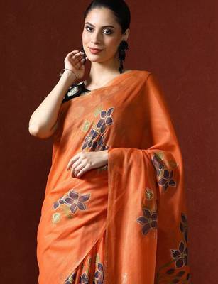 Orange woven design chanderi sarees with blouse piece 2
