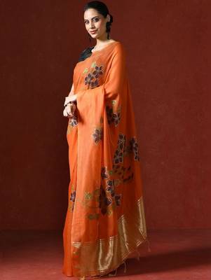 Orange woven design chanderi sarees with blouse piece 3