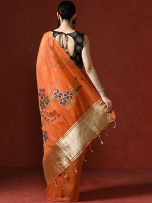 Orange woven design chanderi sarees with blouse piece 4
