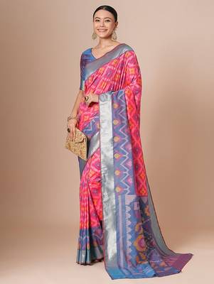 Pink woven design pochampally saree with blouse piece 1