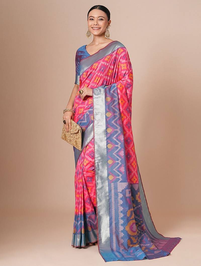 Pink woven design pochampally saree with blouse piece
