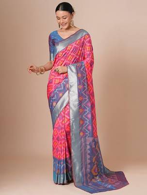 Pink woven design pochampally saree with blouse piece 2