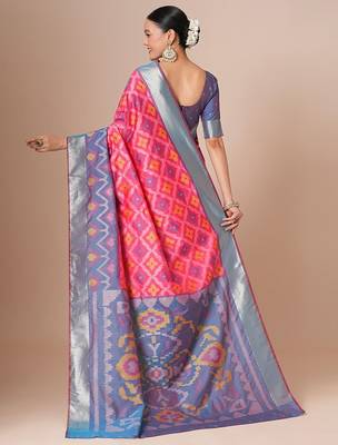 Pink woven design pochampally saree with blouse piece 3