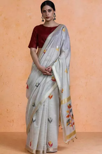 Grey woven design muga sarees with blouse piece