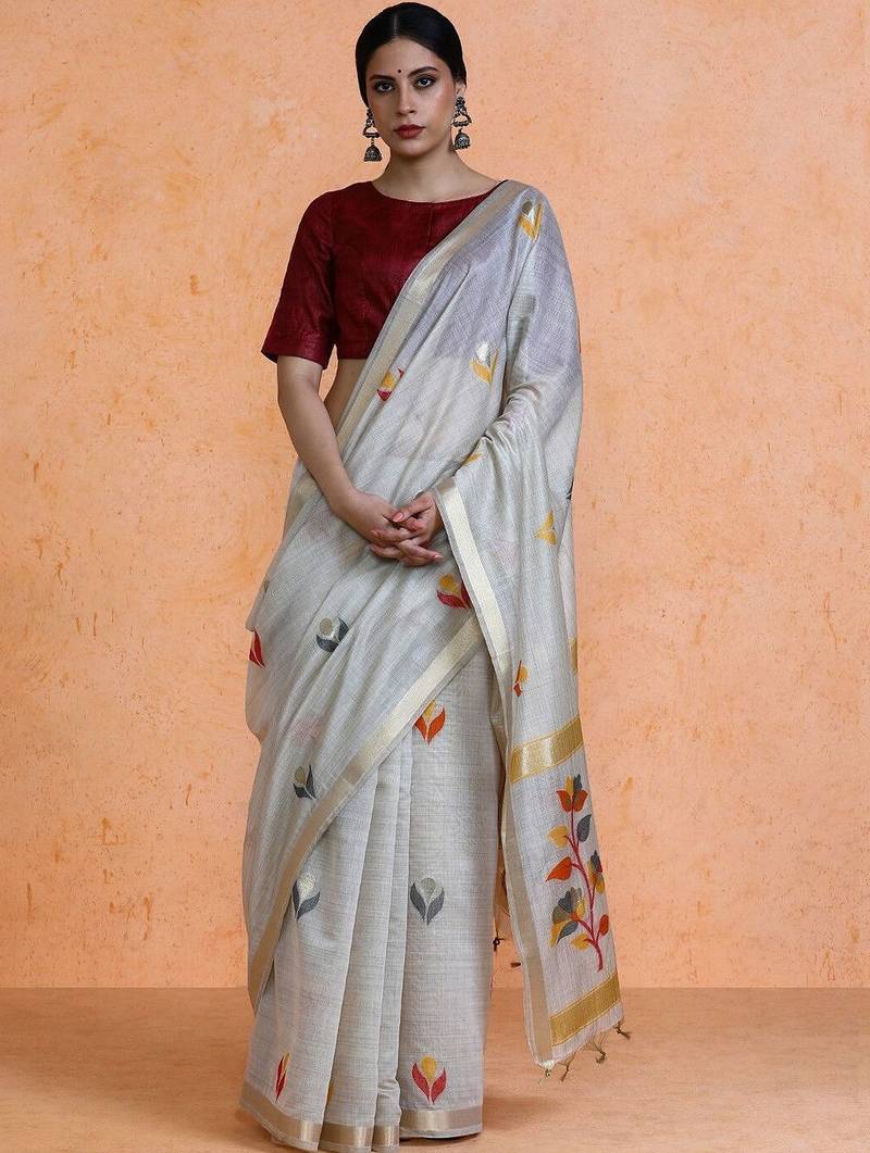 Grey woven design muga sarees with blouse piece