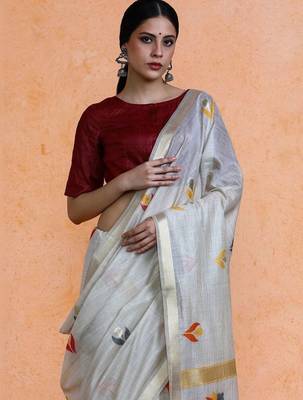 Grey woven design muga sarees with blouse piece 2