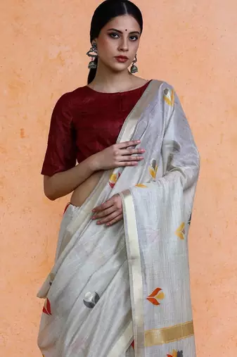 Grey woven design muga sarees with blouse piece
